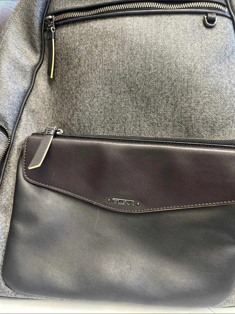 Tumi Gray and Black Leather-Trim Backpack